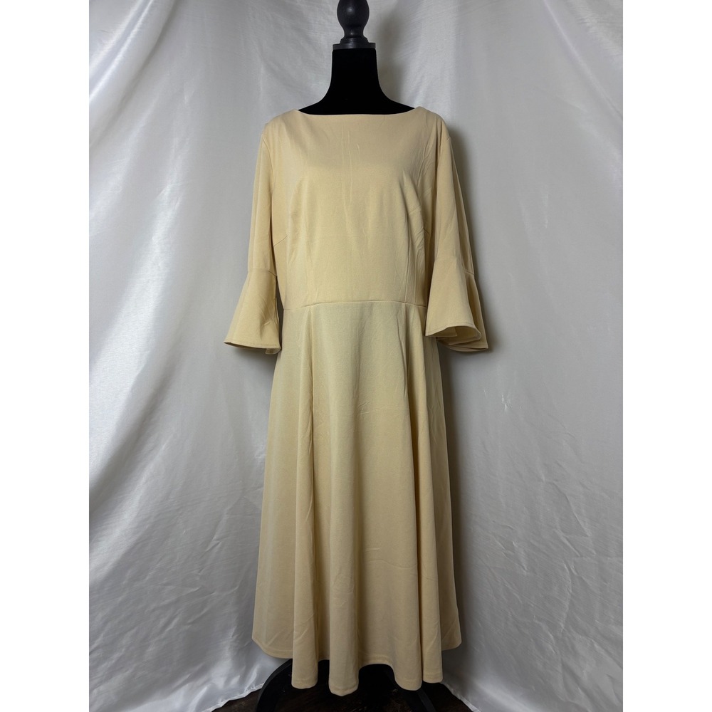 Homrain Midi Dress Women XXL Yellow NWT Bell Sleeve A-Line Fit Flare Vintage